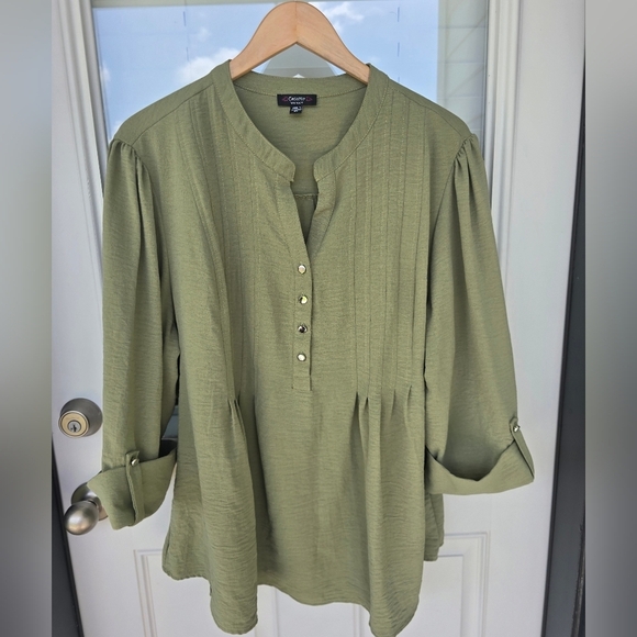 Cocomo Womens Tunic Shirt Blouse 3X Plus Green Roll Tab Sleeve - Picture 2 of 11